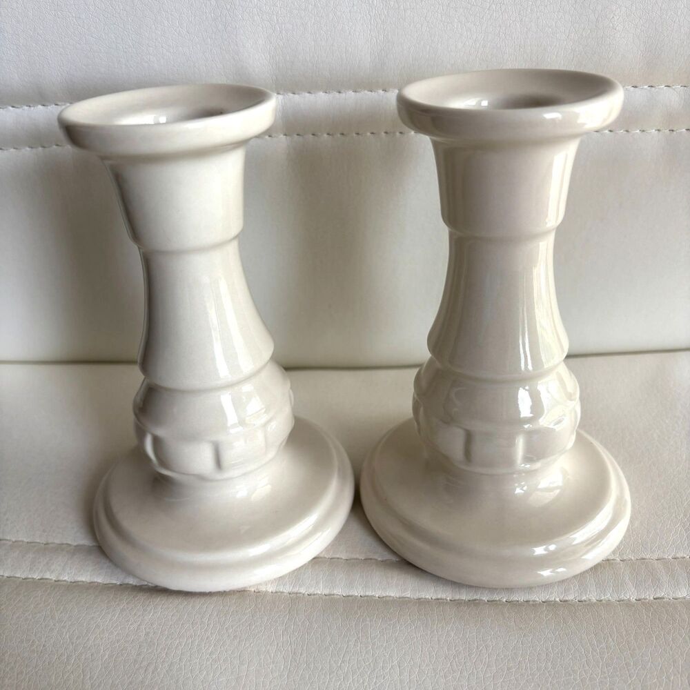 Longaberger Pottery Ivory 5" Ceramic Candlestick Holders Set of 2 Made USA